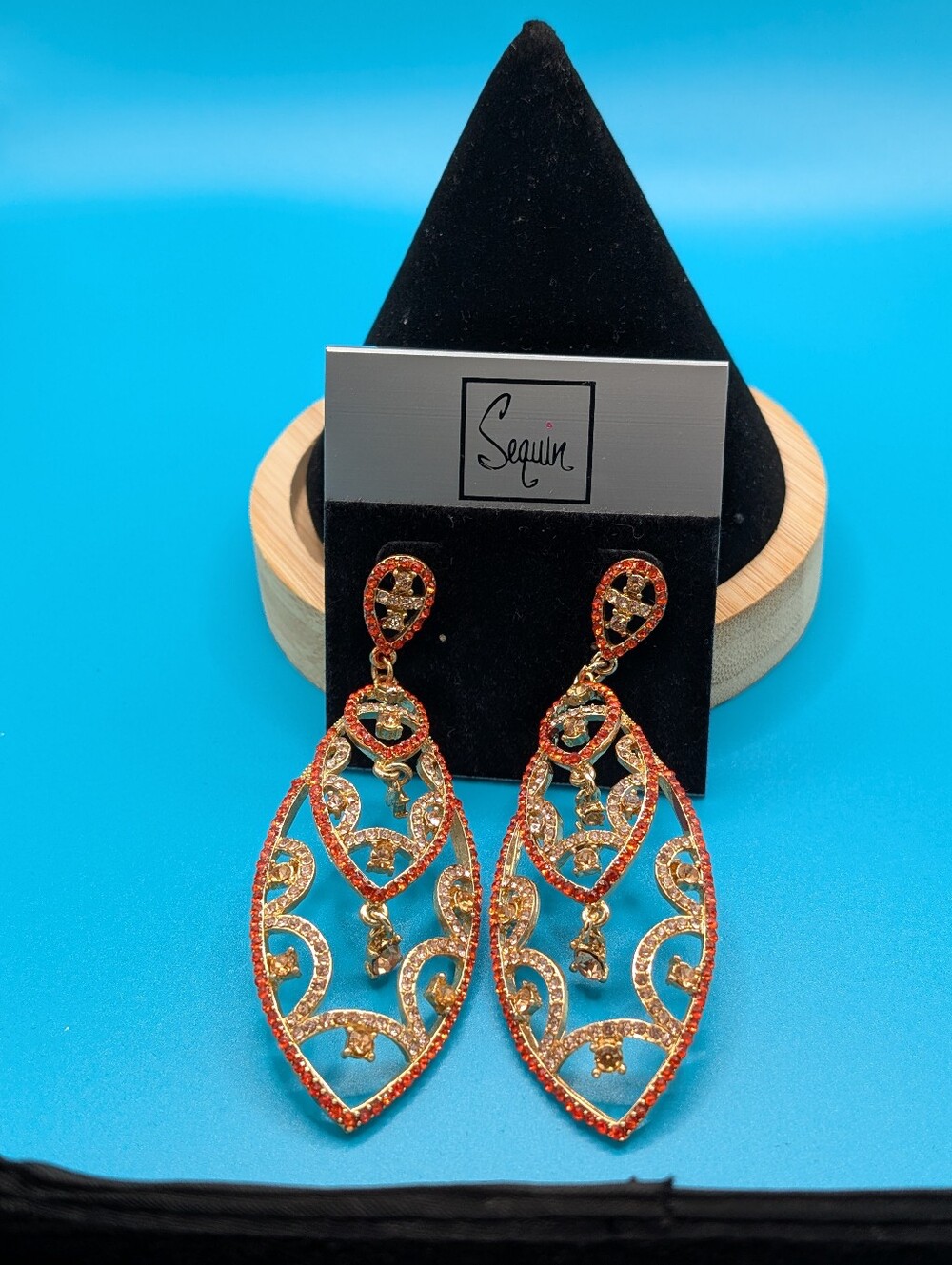 Sequin Gold-tone Orange Crystal Drop Earrings